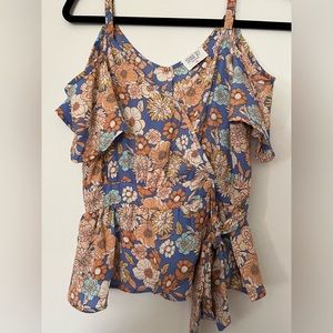 Women’s Sienna Sky cold shoulder Blouse Blue and Orange Floral with tie front